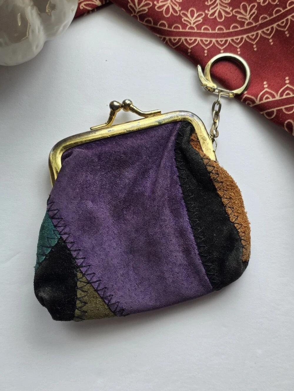 Vintage Leather Patchwork Coin Purse Kiss Lock